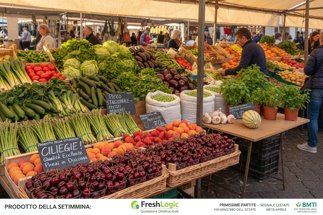 Metà aprile porta il momento d'oro: ciliegie di qualità eccellente a prezzi in discesa e asparagi al picco produttivo. Le scorte invernali sono finite, i primi meloni e albicocche avvisano che il listino estivo va riscritto ora. Se vuoi massimizzare il margine, questa è la settimana giusta per muoversi — prima che il mercato cambi faccia di nuovo.
