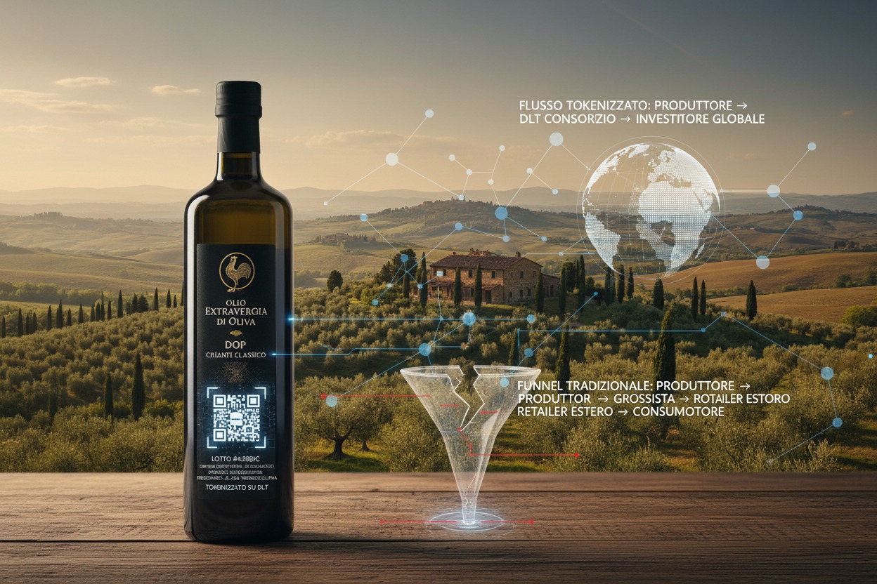 l'olio extravergine di oliva DOP Chianti Classico — prodotto nelle colline tra Firenze e Siena, certificato da uno dei consorzi più rigorosi d'Italia, venduto in tutto il mondo a prezzi che raramente arrivano al produttore.