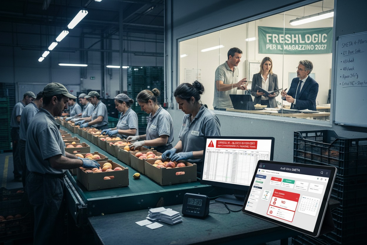 Operai lavorano lungo una linea di confezionamento di pesche in un magazzino, mentre in un ufficio adiacente tre persone discutono davanti a un computer e un tablet che mostra un software di gestione audit.