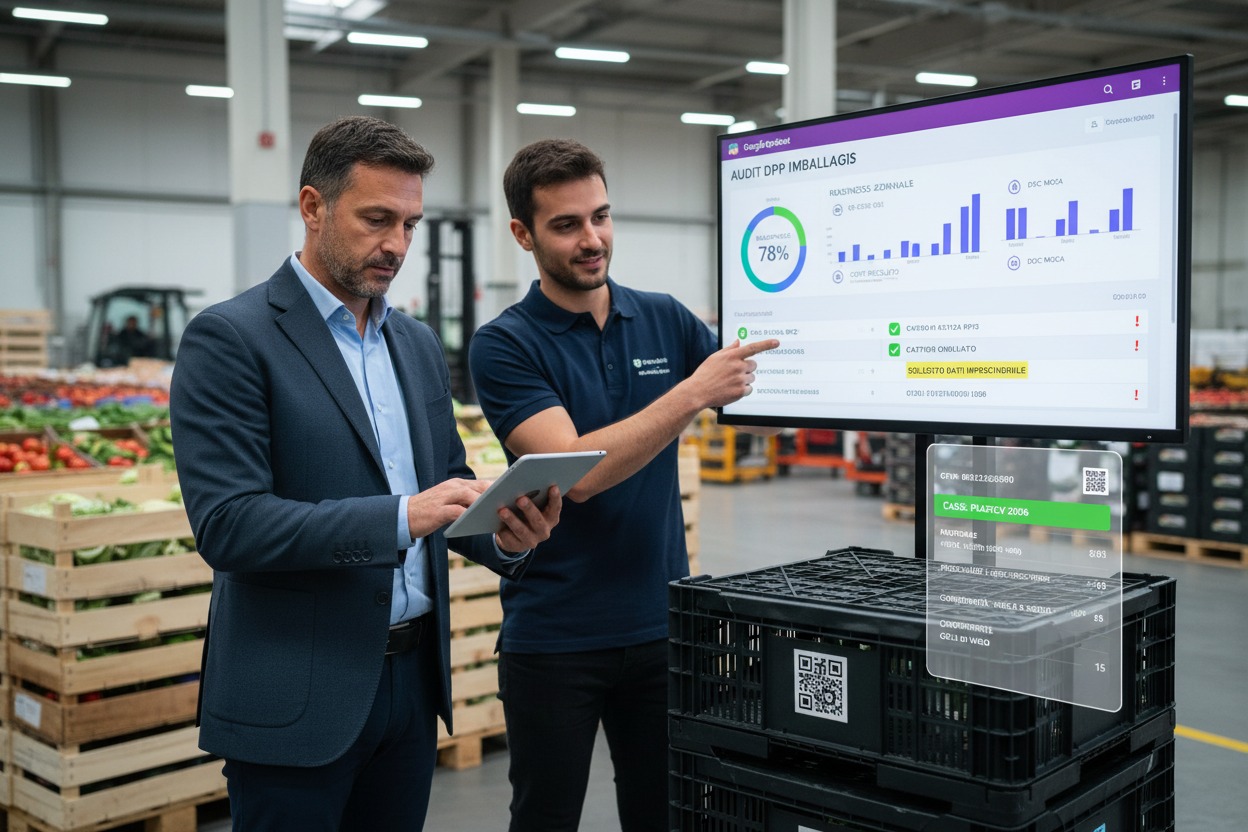 Due professionisti analizzano i dati di un software di gestione logistica su uno schermo all'interno di un magazzino di prodotti ortofrutticoli.