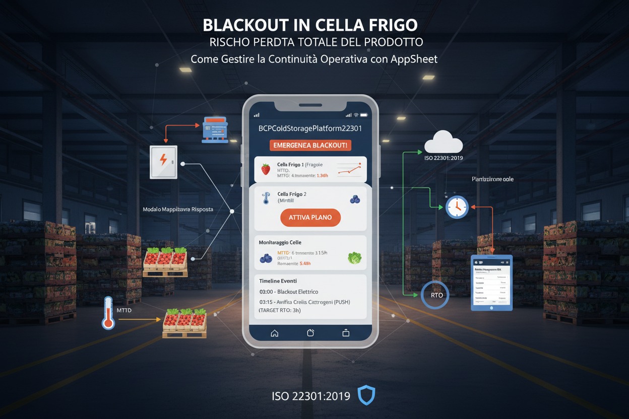 Infografica che illustra la gestione della continuità operativa in una cella frigorifera durante un blackout tramite l'applicazione AppSheet.