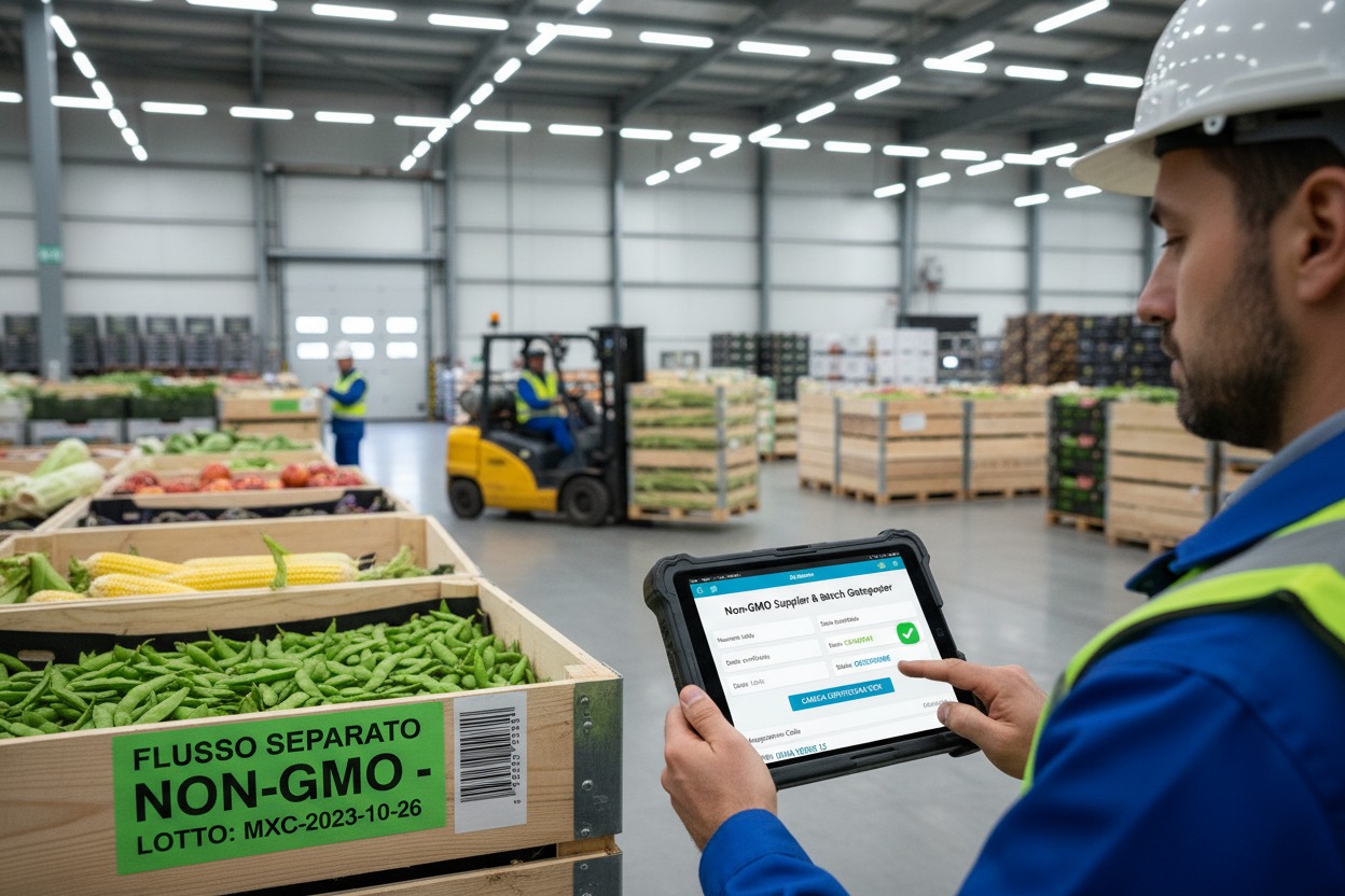 Un operatore in un magazzino utilizza un tablet per verificare la certificazione non OGM di una cassa di verdure fresche.