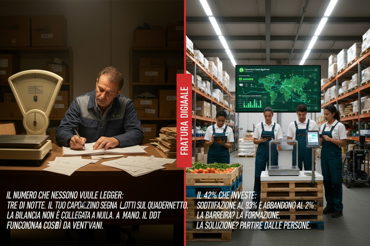 Un'immagine divisa in due mostra a sinistra un magazziniere che scrive a mano su un quaderno accanto a una vecchia bilancia, e a destra quattro operatori digitalizzati in un magazzino moderno con schermi e tablet.