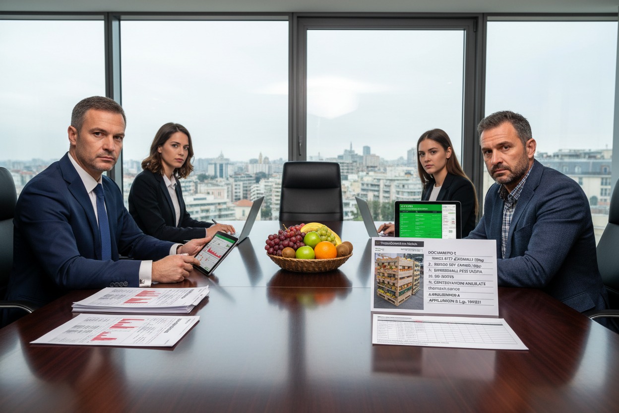 Un team di quattro professionisti siede intorno a un tavolo in una sala riunioni con vista sulla città.