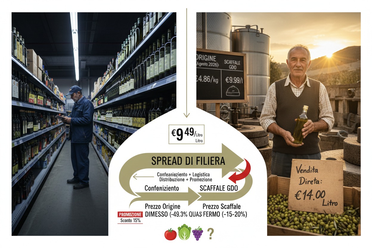 Un'infografica mostra il confronto economico tra la vendita diretta di olio d'oliva da parte di un produttore rurale e il prezzo sullo scaffale di un supermercato.