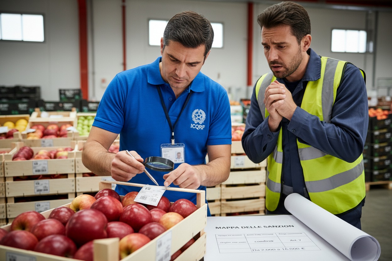 Un ispettore dell'ICQRF in polo blu esamina con una lente d'ingrandimento le etichette di una cassa di mele, mentre un lavoratore in giubbotto ad alta visibilità osserva teso accanto a un documento con sanzioni.