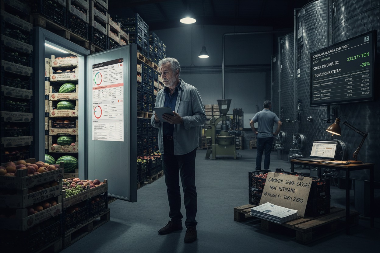 Un uomo anziano con un tablet in mano si trova in un grande magazzino di prodotti alimentari, di fronte a celle frigorifere piene di frutta e a un monitor digitale con dati di inventario.