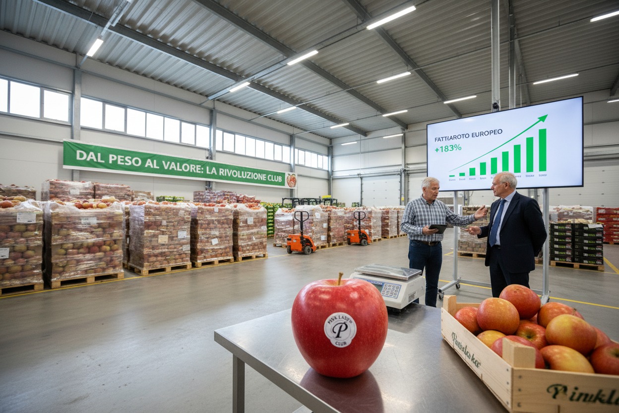 Due uomini d'affari parlano in un magazzino all'ingrosso di mele con pallet di frutta sullo sfondo e un grande schermo che mostra un grafico di crescita positiva.