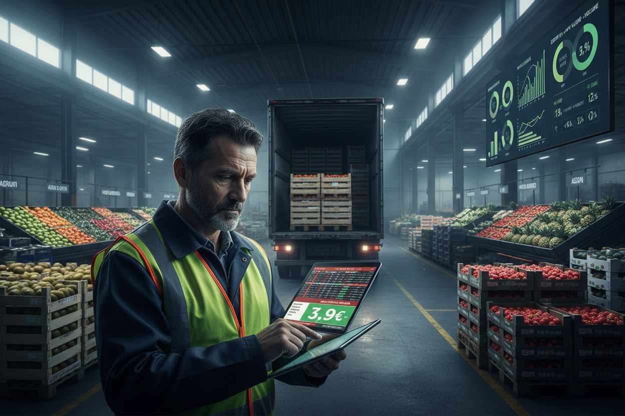Un operatore logistico con gilet ad alta visibilità consulta un tablet digitale in un grande deposito all'ingrosso di frutta e verdura.