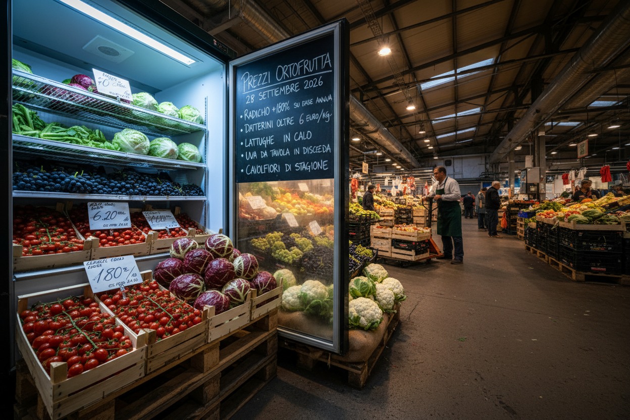 Un mercato ortofrutticolo all'ingrosso con banchi espositivi di frutta e verdura fresca e clienti tra le corsie.