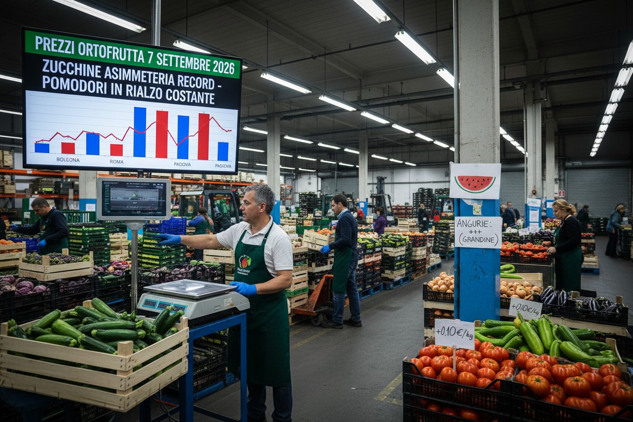 Un operatore pesa delle zucchine in un magazzino ortofrutticolo all'ingrosso, con un monitor che mostra grafici sui prezzi dei prodotti.