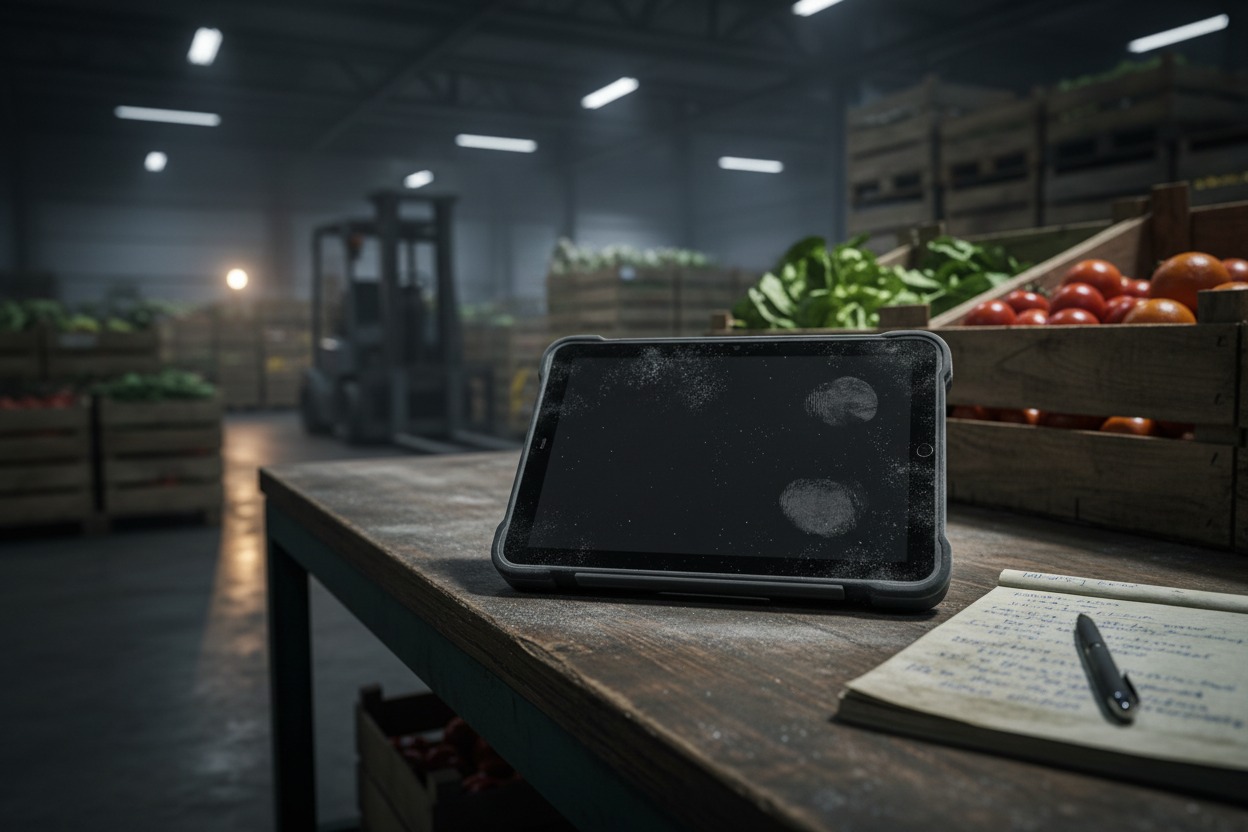 Un tablet rugged e polveroso è appoggiato su un bancone di legno all'interno di un magazzino all'ingrosso di prodotti ortofrutticoli.