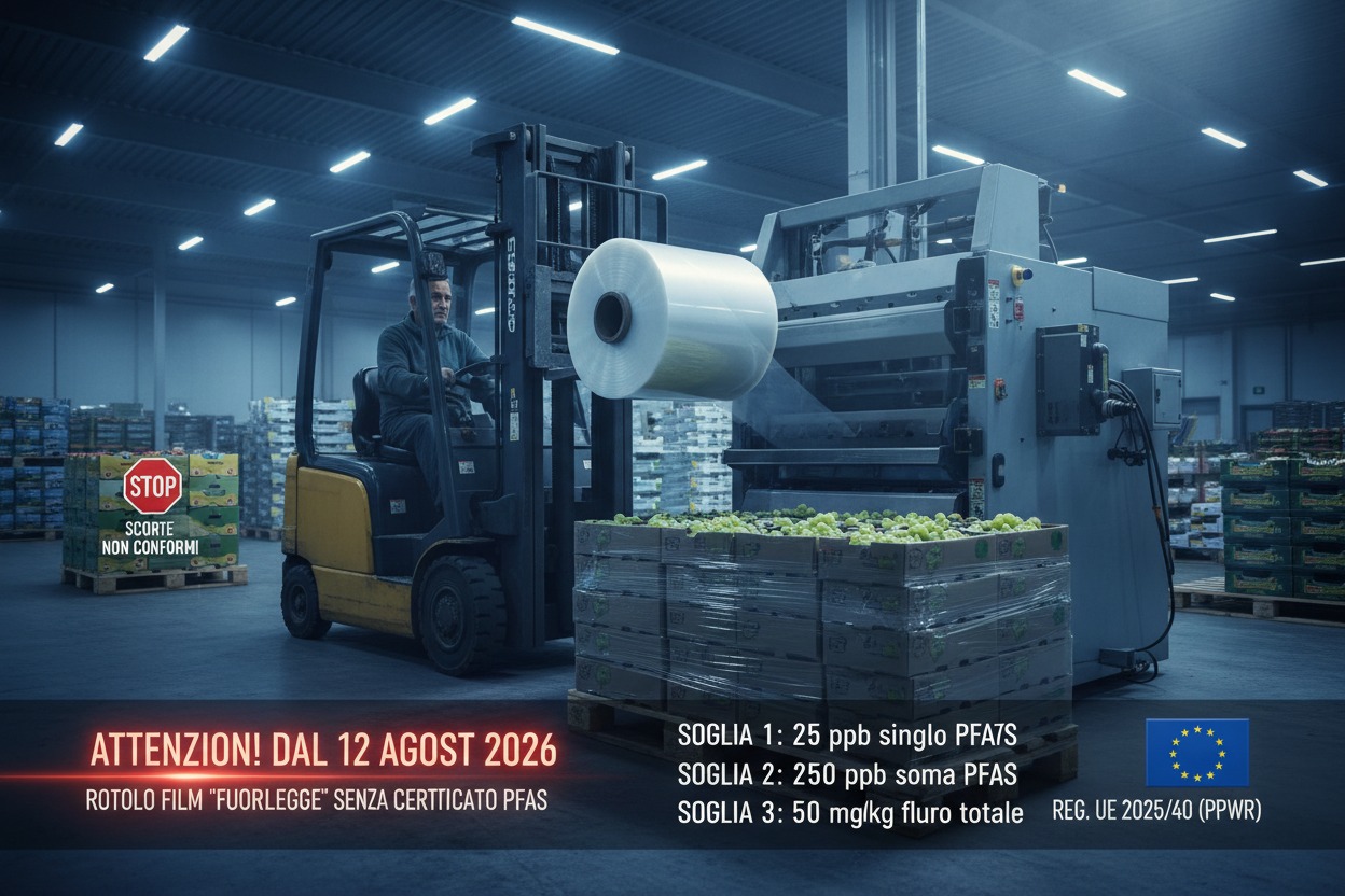 Un muletto in un magazzino trasporta un grande rotolo di film plastico sopra a pallet di frutta, con scritte informative sulle normative relative ai PFAS.
