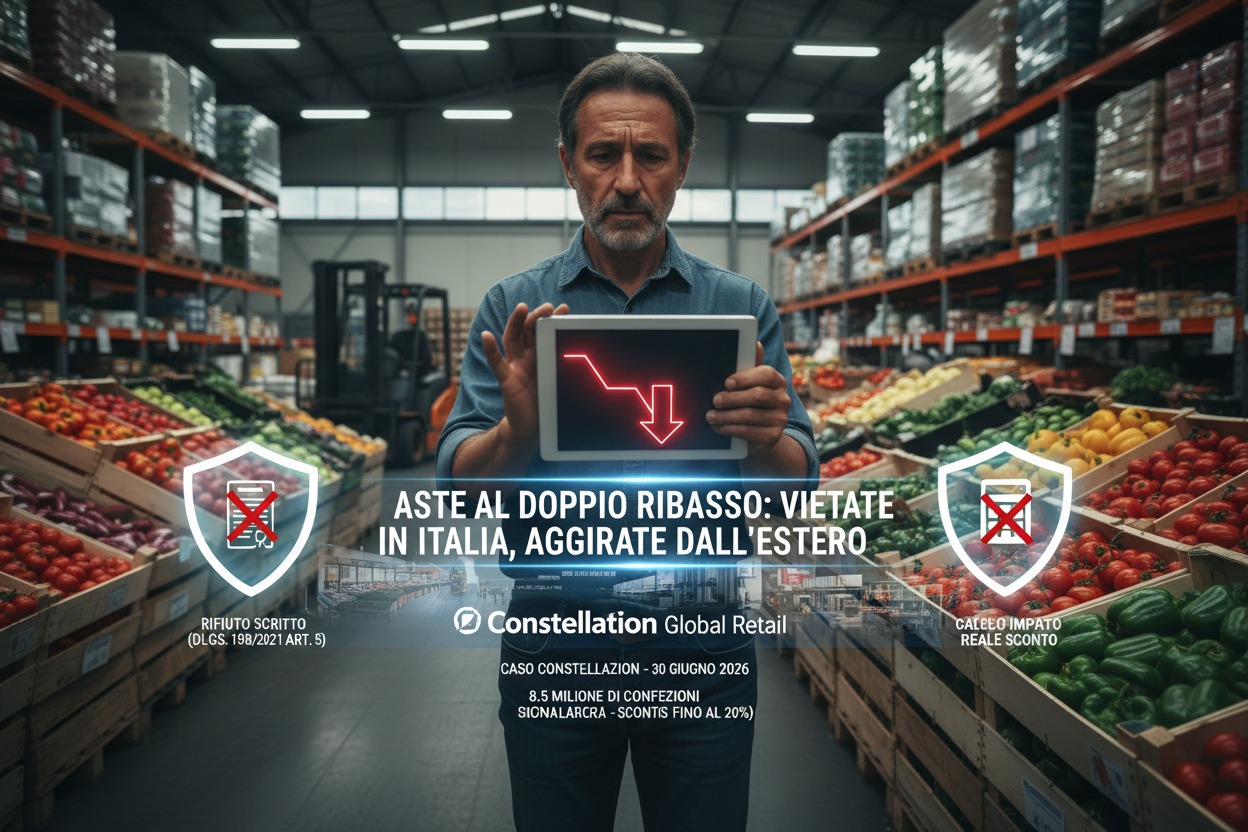 Un uomo serio in un magazzino tiene un tablet che mostra un grafico con una freccia rossa rivolta verso il basso, con scritte promozionali in primo piano.