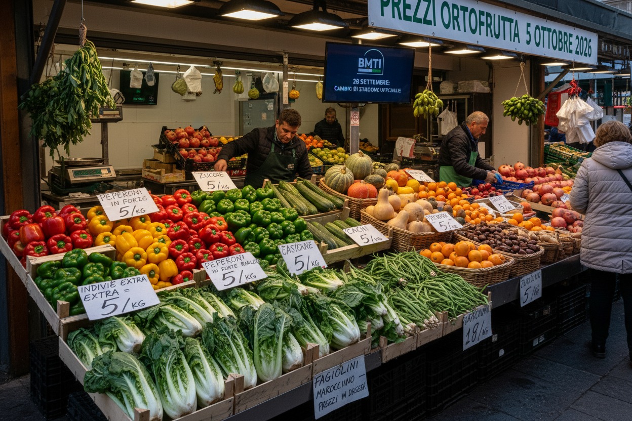 Due bancarelle di un mercato ortofrutticolo all'aperto colme di verdure e frutta fresca e colorata, con due venditori al lavoro.