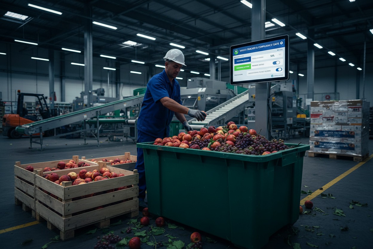 Un operaio con casco seleziona la frutta vicino a un grande cassone verde in uno stabilimento industriale.