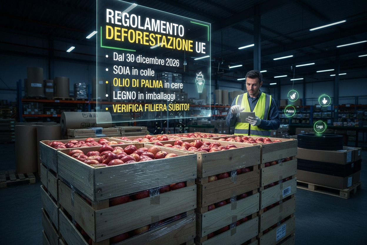 Un operatore in un magazzino utilizza un tablet con ologrammi informativi sulle normative europee sulla deforestazione e le casse di mele.