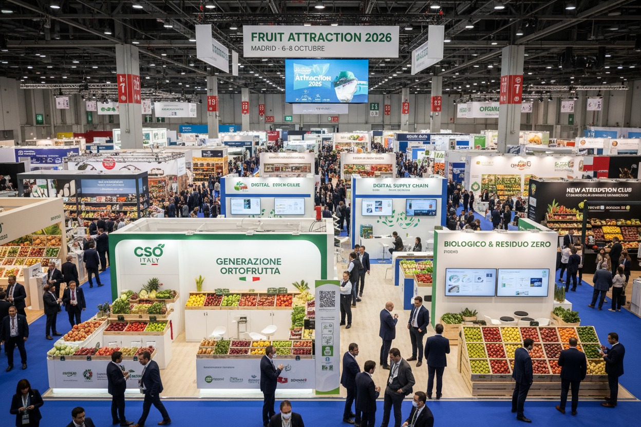 Vista dall'alto della fiera ortofrutticola Fruit Attraction con numerosi stand e visitatori.
