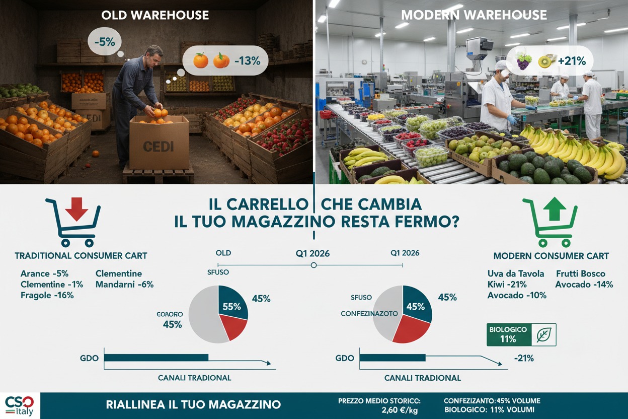Un'infografica confronta la gestione di un vecchio magazzino rispetto a uno moderno e i relativi dati sui consumi e sui canali di vendita.