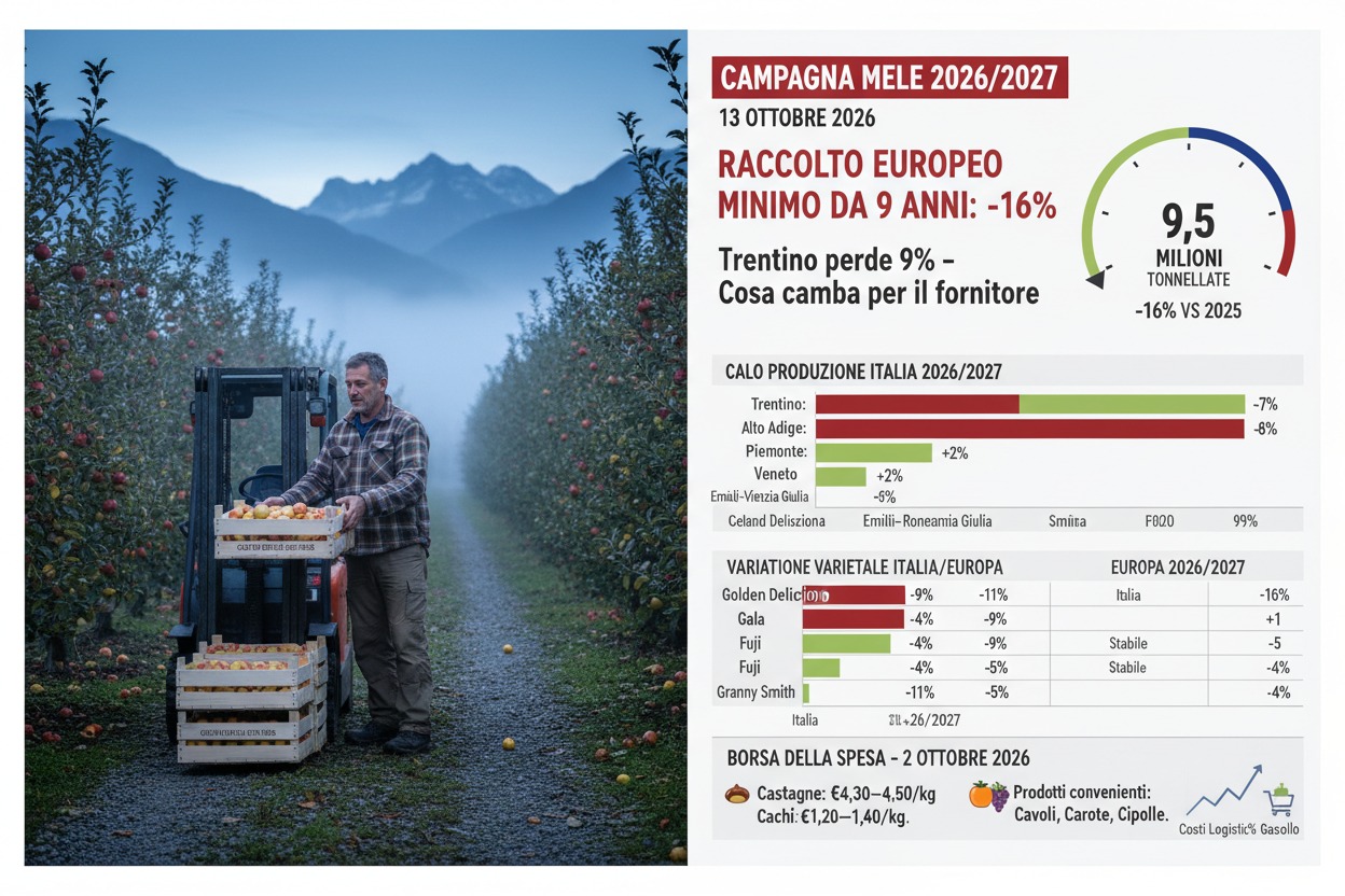 Un agricoltore in un meleto raccoglie mele accanto a un muletto, con grafici statistici sulla campagna melicola 2026-2027 a destra.